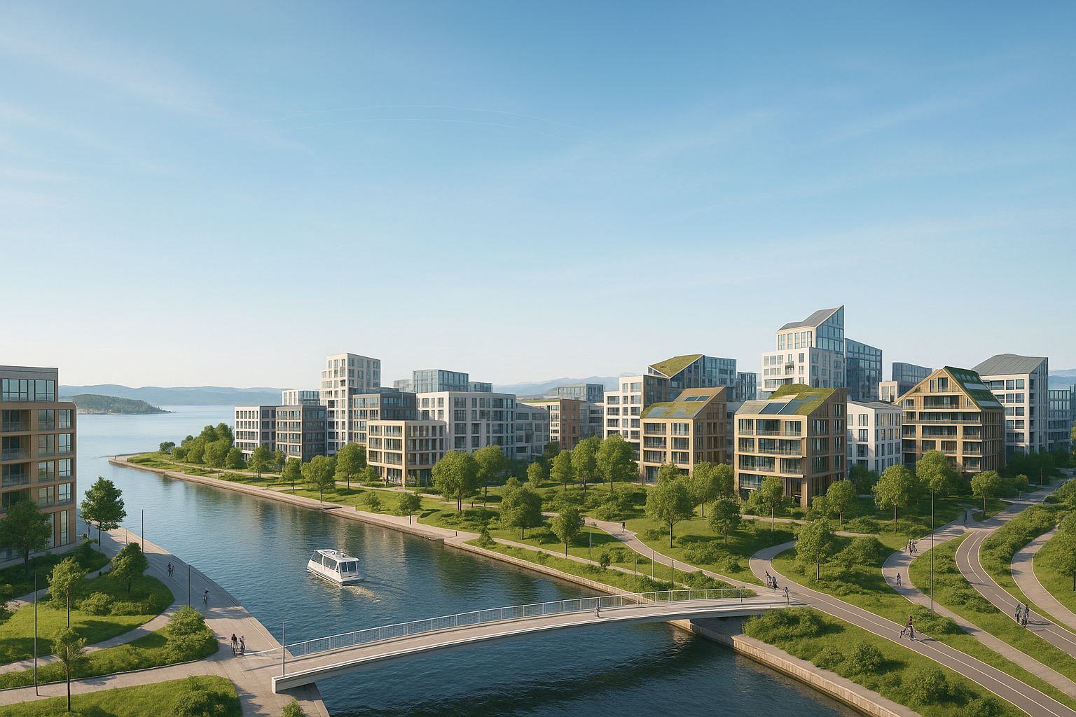 Panoramic view of a modern city skyline with a focus on sustainable buildings