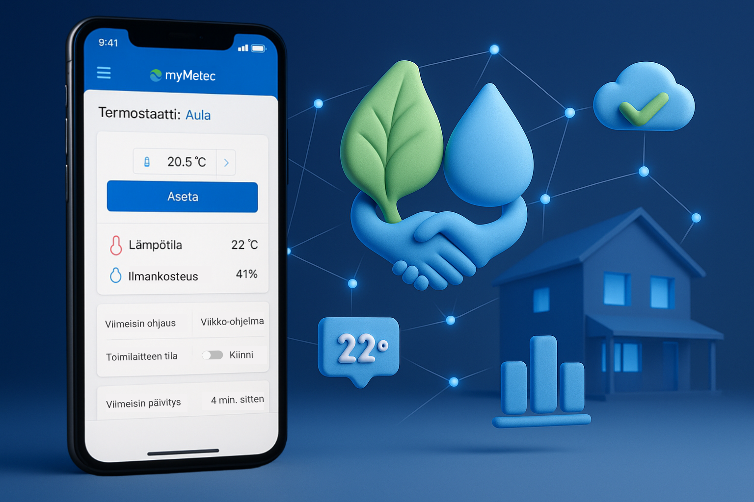 Visual representing smart integration of ClimaPri, perhaps a phone connecting to a house system