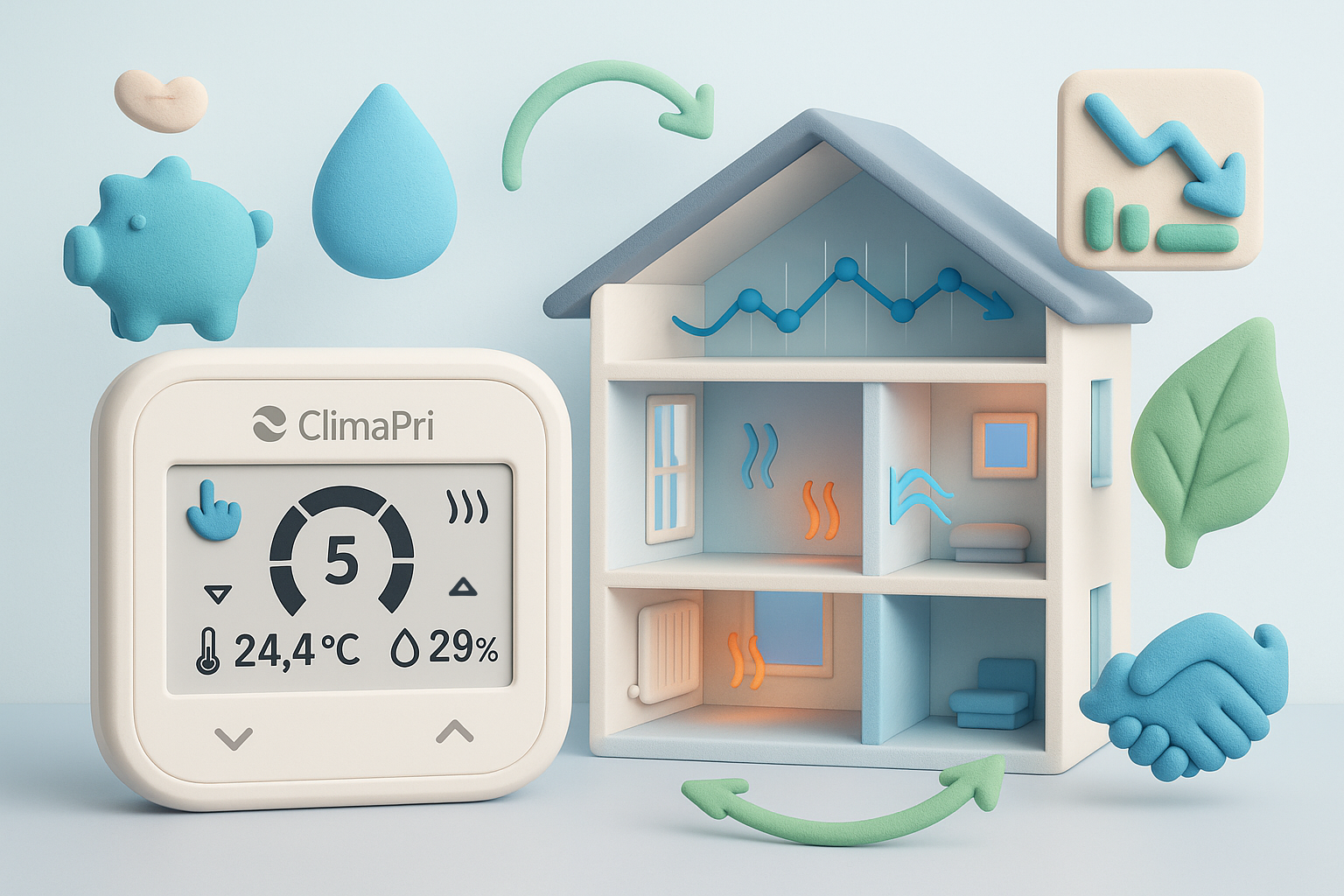 Visual representing energy savings with ClimaPri, like a piggy bank with a leaf