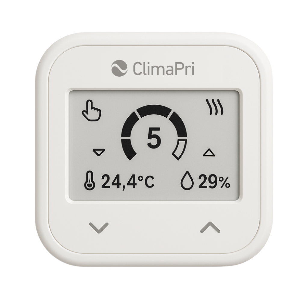 ClimaPri In-home Display with e-INK screen showing temperature and humidity data