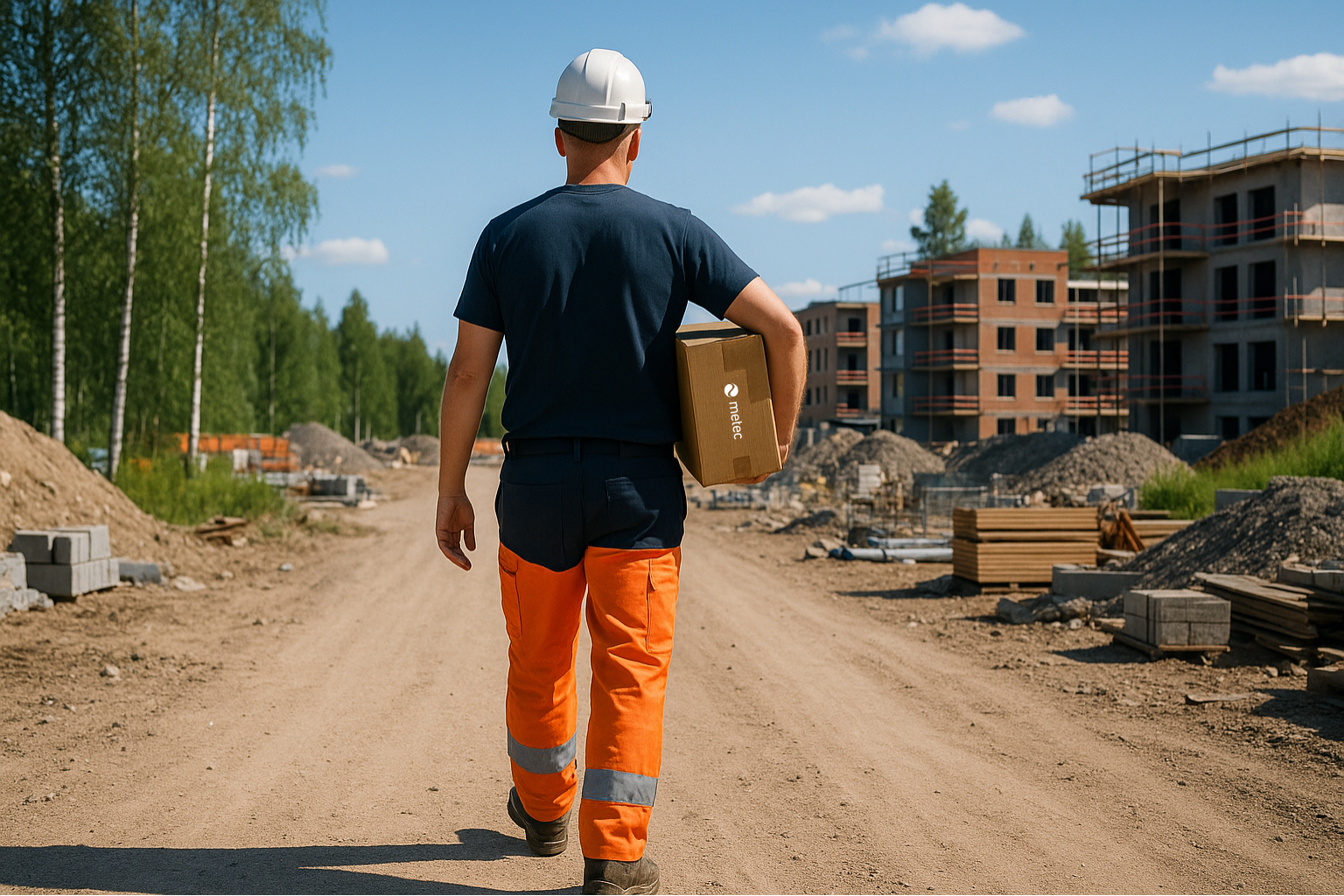 Professional contractor installing Metec IoT systems in a modern building with technical documentation and installation tools