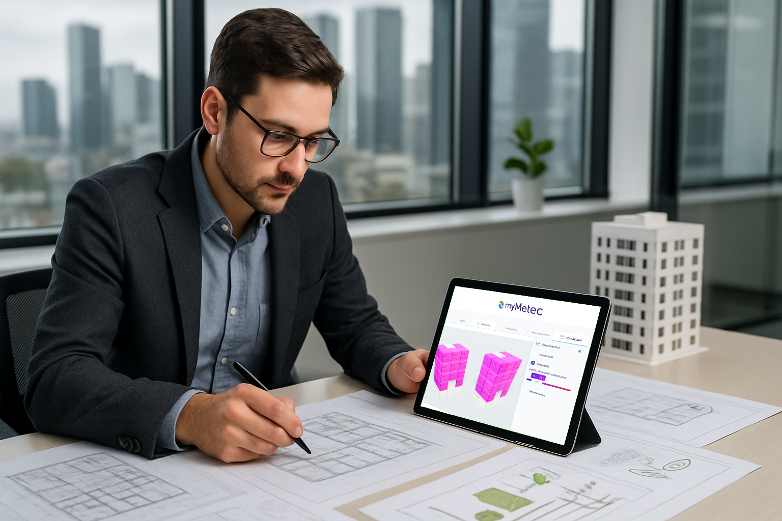 Modern architect working on apartment building plans with IoT integration concepts and sustainable building design