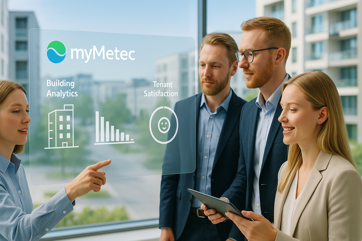 Modern property management concept with property managers using a digital interface with analytics for sustainable buildings